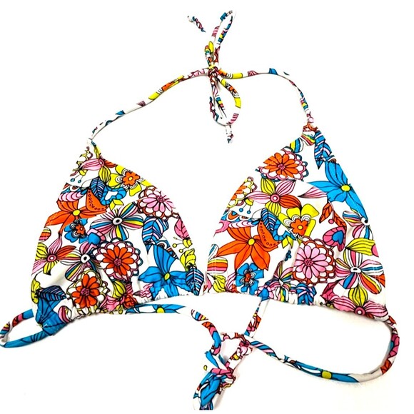 Floral Triangle Bikini Top Small Strappy Swimwear Festival Beach Boho Mod Retro - Picture 1 of 4